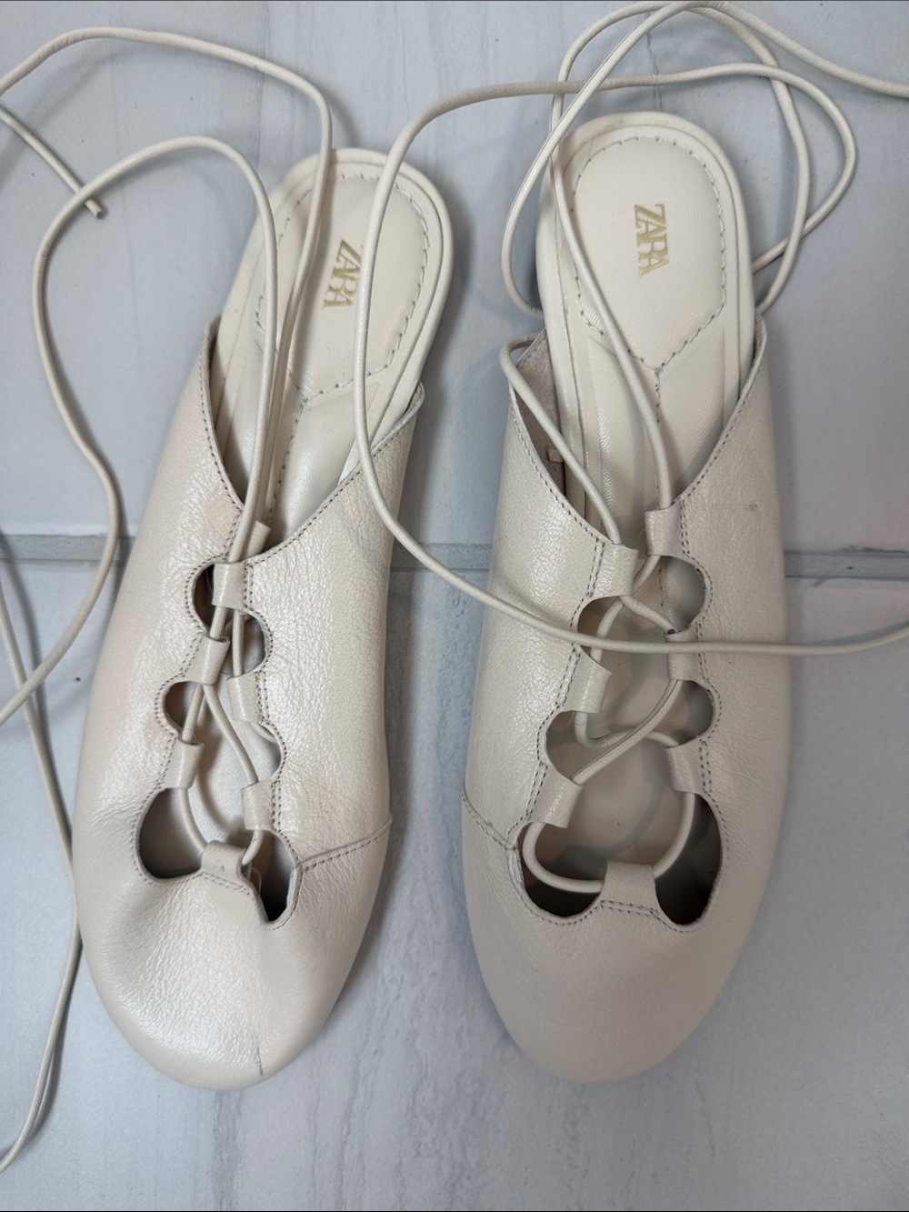 Zara Cream Lace-Up Leather Mules with Cutout Accents